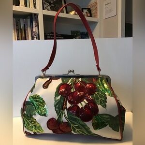 Vintage Cherries Print Handbag w/sequins & beading.  NWOT. Kitschy!